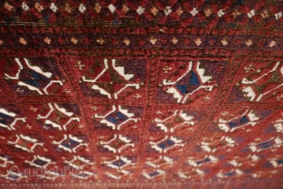 Elegant Baluch rug with Turkmen guls and kochaks from areas bordering Afghanistan;  fine weave;  five colors,  all natural;  handspan wool;  normal oxidation of the brown appropriate to  ...