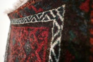 This is a very plush Baluch 'ballsht' with a high and lustrous pile,  blanket-like;  colors - two of aubergine, blue-green,  reddish-orange and white - are deep,  rich and  ...