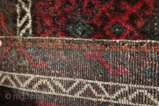 This is a very plush Baluch 'ballsht' with a high and lustrous pile,  blanket-like;  colors - two of aubergine, blue-green,  reddish-orange and white - are deep,  rich and  ...