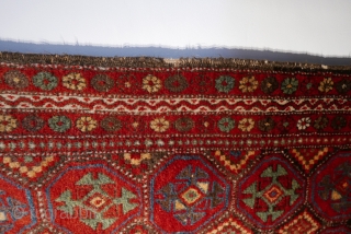 Kurdish, circa 1900,  3'3"x5'10",  brilliant saturated colors,  full and soft pile,  great handle,  pale orange abrash across the top eleven inches,  But for the rewrapping that  ...