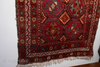 Kurdish, circa 1900,  3'3"x5'10",  brilliant saturated colors,  full and soft pile,  great handle,  pale orange abrash across the top eleven inches,  But for the rewrapping that  ...