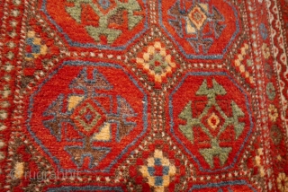 Kurdish, circa 1900,  3'3"x5'10",  brilliant saturated colors,  full and soft pile,  great handle,  pale orange abrash across the top eleven inches,  But for the rewrapping that  ...