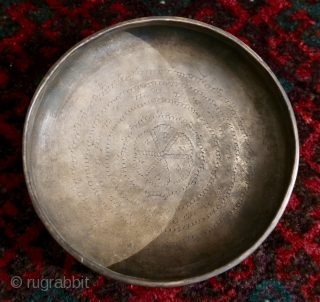 Antique Hand-hammered Hindu Brass Bowl,  N India;  19th c;  7"W x 1 3/4"H

Incredible bowl,  ritual use(?),  with a rather primitive repeated motif around the floor of the  ...