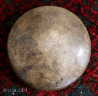 Antique Hand-hammered Hindu Brass Bowl,  N India;  19th c;  7"W x 1 3/4"H

Incredible bowl,  ritual use(?),  with a rather primitive repeated motif around the floor of the  ...