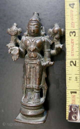 18th c  Hindu Icon of 'Vishnu',  bronze,  3.4"H.  Vishnu,  one of the Sacred Triumvirate...Brahma,  Vishnu and Shiva.  Karnatakata State,  S India.    