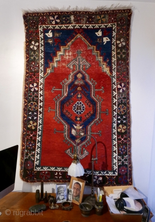 Central Anatolian prayer rug,  based on a Yastik design,  circa mid 19th c, if not earlier,  with a handle like a hanky,  and marvelous colors:  a brilliant  ...