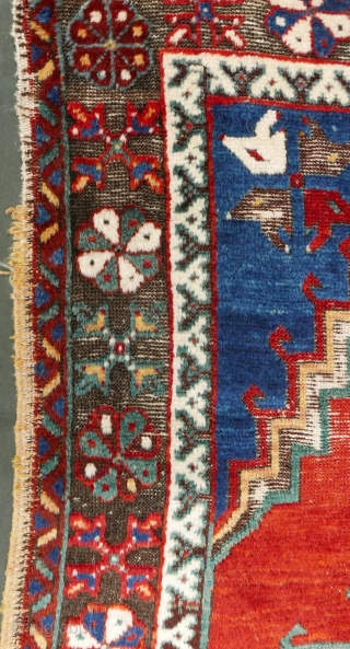 Central Anatolian prayer rug,  based on a Yastik design,  circa mid 19th c, if not earlier,  with a handle like a hanky,  and marvelous colors:  a brilliant  ...