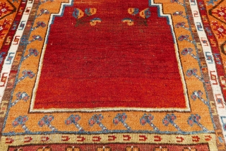 Strikingly beautiful Anatolian prayer rug,  circa 1900,  extremely floppy handle,  silken pile on much of the rug,  though mainly in the borders;  shades of copper,  rust,  ...