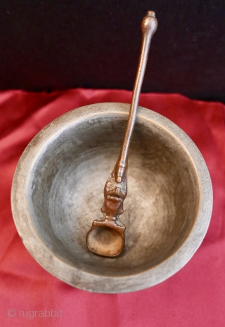 Antique Hindu Holy Water Bowl and Spoon with Hanuman standing upon a Squash.   Precious pieces.  Bowl is 2.25"H x 4"W...or 6.3cm H x 10cm W.  Spoon is 5.25"L  ...