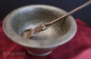 Antique Hindu Holy Water Bowl and Spoon with Hanuman standing upon a Squash.   Precious pieces.  Bowl is 2.25"H x 4"W...or 6.3cm H x 10cm W.  Spoon is 5.25"L  ...