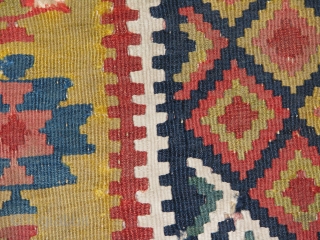 antique(early) rare kilim.19th centry or much earlier.it has a very strong weave and wonderfull colours.the yellow is great as well as all the other colours.all naturel colours.wool but the white is cotton.if  ...
