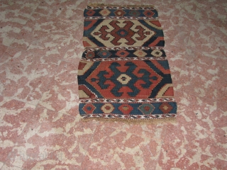 very nice kilim mafrash panel.it is two small pieces soined together.it is mainly kilim but  narrow borders where the hook figures are very finely made soumack work.it is wool but the  ...