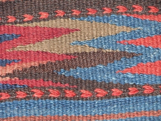 Very lovely wedding(dowry) kilim.Veramin?.it has great colours.the weave is very tite(strong)and between the designed parts to stripe simple parts it has extra embrodry.the base is either goat hair,horse hair?the piece is quite  ...