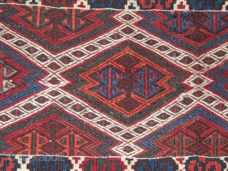 antique kurdish kilim.this lovely piece has kilim,jijim(verneh),soumack work on it.it has top quality wool and wonderfull colours.it has all the great colours what a real piece should have.it has some damages but  ...