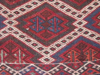 antique kurdish kilim.this lovely piece has kilim,jijim(verneh),soumack work on it.it has top quality wool and wonderfull colours.it has all the great colours what a real piece should have.it has some damages but  ...