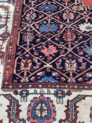 Antique Persian Bakshaish, mostly even low pile with higher pile in areas, size is a large 12,7 x 16,10 . Has a light yellow spot in border pictured and about a 5  ...