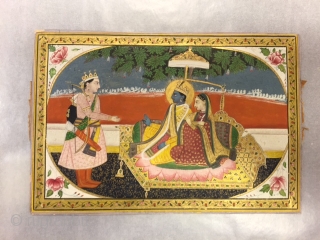 old vintage paper miniature painting with the subject of rama laxman and sita hand painted with stone colours and used real gold leaf work.         