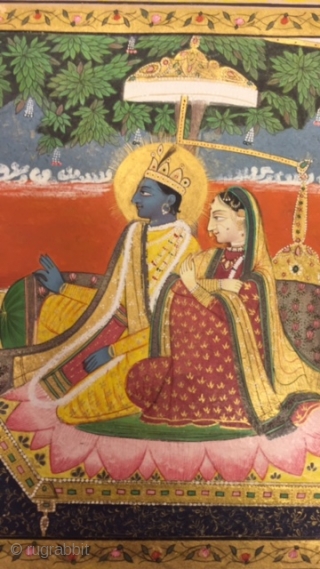 old vintage paper miniature painting with the subject of rama laxman and sita hand painted with stone colours and used real gold leaf work.         