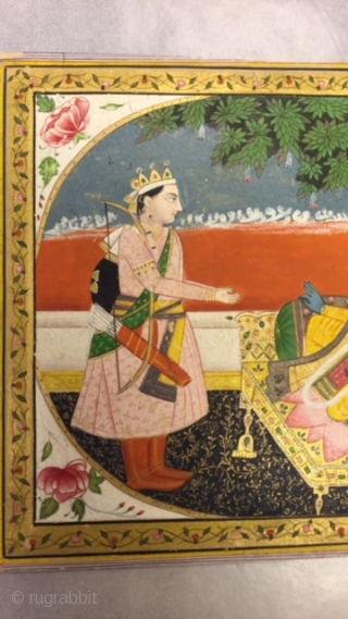 old vintage paper miniature painting with the subject of rama laxman and sita hand painted with stone colours and used real gold leaf work.         