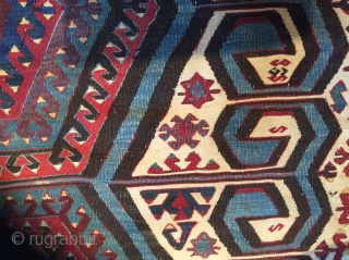 Antique Anatolian kilim, possibly from Aksaray region.
Size: 3,96 x 1,59  Age: Around 1900  
Materials: Wool in warp and wefts, except for all white areas which are in cotton
Technique: Splits covered  ...