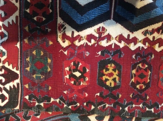 Antique Anatolian kilim, possibly from Aksaray region.
Size: 3,96 x 1,59  Age: Around 1900  
Materials: Wool in warp and wefts, except for all white areas which are in cotton
Technique: Splits covered  ...