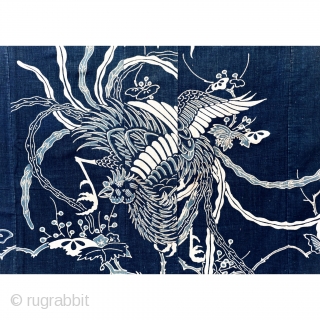 Tsutsugaki Futon Cover - Boro Phoenix and Crane

Bold indigo tstsugaki futon cover of crane and phoenix.

Tsutsugaki is a Japanese technique of resist dyeing that involves drawing rice-paste designs on cloth, dyeing the  ...