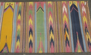 Substantial half fragment of a mosque dhurrie . Early C20th
All cotton , fabulous colors . I think its from Kutch , India.
528 x 120 cm
        