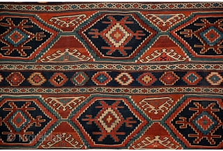 19th-C. Caucasian Mafrash Panel, 3'8" x 3'6" 
Caucasian Mafrash with stripes, diamonds, and triangles                   