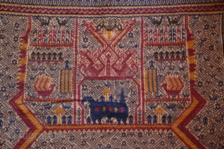 Ceremonial tampan ship cloth woven in supplementary-weft with various stylized figures, soul ships and geometric designs in predominantly blue and browns from Lampung Sumatra, cotton with natural dyes. 19c,  26" x  ...