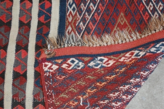 A very nice tightly woven fine wool tribal Turkish kilim with decorative bands and an overlay brocade, circa early 1900s. 
48" x 38"          