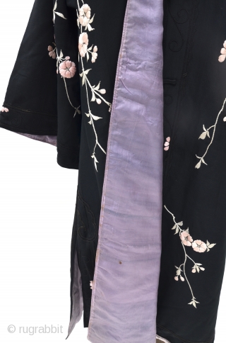 Chinese Silk Embroidered Turn of the Century Embroidered Robe
embroidered pink blossoms on black silk robe with brass frog buttons, wide cut bracelet length sleeves and side slits, made for the western market  ...