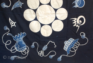 A wonderful large Tsutsugaki Furoshiki indigo dyed hand-spun cotton printed design of a family crest. 
This is an old furoshiki, a square-shaped cloth that was used all over Japan for wrapping, hauling  ...