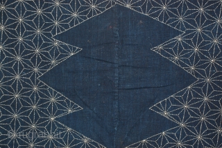 Sashiko Furoshiki with beautiful detailed sashiko (quilting) on front and seen on back, of indigo hand-spun cotton. Japan, early 20th century and in excellent condition. 
38" x 24"     