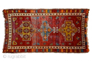 Turkish Bergama Rug 6'9" x 3'10" A classic medallion design on this lovely colorful silky pile rug, woven in central Anatolia.            