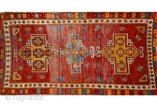 Turkish Bergama Rug 6'9" x 3'10" A classic medallion design on this lovely colorful silky pile rug, woven in central Anatolia.            