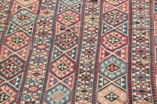 Shirvan Caucasus 19c flat weave, classical design, finely woven soft wool. 9'9" x 5'7"
(The right front corner is a shadow not a stain.)          