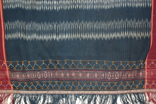 Toba Batak Textile, Sumatra,     An ulos ceremonial cloth of the Toba (Batak) people of northern Sumatra, Indonesia. Woven cotton colored blue and black with red borders and intricate  ...