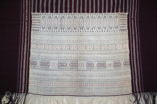 Ceremonial ulos ragidup dowry textile and protective cotton cloth. Tightly woven in sections. Very good condition. Sumatra, Indonesia early 1900s.             