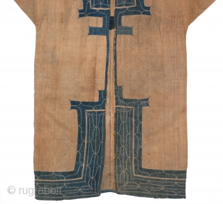 Late 19th century Ainu ceremonial robe

elm bark fiber, indigo dyed cotton, silk threading, approx. 44" (length) by 46"

The ancestors of the Ainu were a Neolithic aboriginal Eurasian people who occupied Japan before  ...