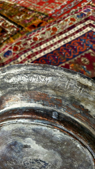 gold and silver inlay on copper background
Armenian food plate...
Circa 1845 (1261 hijri)
Approximate size; 25 cm.
arisoylarmobilya@gmail.com                  