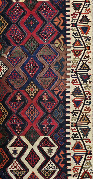 Central anatolia , Cihanbeyli 
Early fragment...
Approximate size; 80x340 cm
"This Cihanbeyli kilim you see possesses a rich symbolic language that reflects the weaver's feelings and wishes. It is fundamentally shaped around themes of  ...