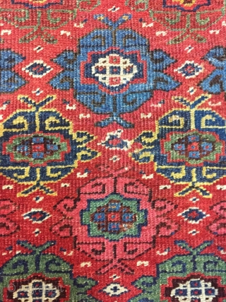 Good Kurdish long rug woven on a wool foundation, Bijar area north west Persia,last quarter 19th ,century,8ft.2in.x4ft.1in.2.49cm.x1.25cm.overall wear with corrosion to Browns,losses to both ends.unusual all over design of rosettes in a  ...