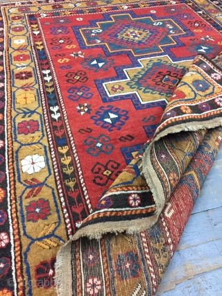 Antique Handmade  caucasian Shirvan Rug,some synthetic dyesl,low pile,Attractive Design,Around 100 years Old,Size:6 by 4.6 Ft                 