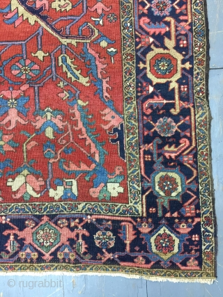 Antique Handmade Persian Heris Serapi Rug,all in natural,some old repairs,Clean,Attractive Design,Low pile,More than 100 years Old,Size:303cm by 235cm               