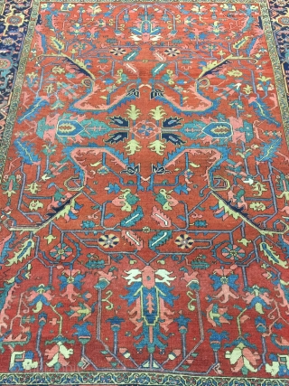 Antique Handmade Persian Heris Serapi Rug,all in natural,some old repairs,Clean,Attractive Design,Low pile,More than 100 years Old,Size:303cm by 235cm               