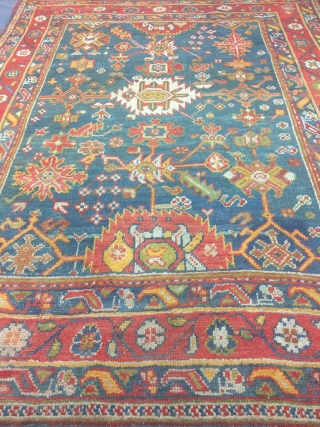 Antique handmade Turkish Oushak Rug,all in natural,low pile,Some professional Old repairs,Clean,soft,more than 100 years old,Size:252cm by 194cm                