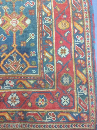 Antique handmade Turkish Oushak Rug,all in natural,low pile,Some professional Old repairs,Clean,soft,more than 100 years old,Size:252cm by 194cm                