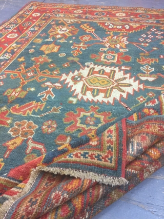 Antique handmade Turkish Oushak Rug,all in natural,low pile,Some professional Old repairs,Clean,soft,more than 100 years old,Size:252cm by 194cm                