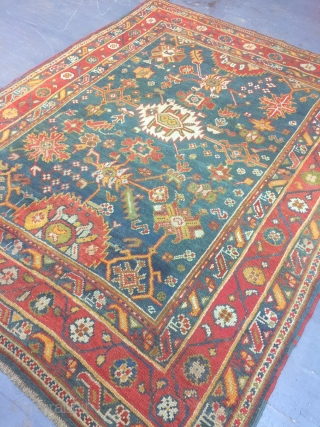 Antique handmade Turkish Oushak Rug,all in natural,low pile,Some professional Old repairs,Clean,soft,more than 100 years old,Size:252cm by 194cm                