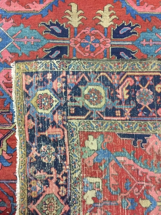 Antique Handmade Persian Heris Serapi Rug,all in natural,some old repairs,Clean,Attractive Design,Low pile,More than 100 years Old,Size:303cm by 235cm               